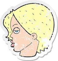 retro distressed sticker of a cartoon woman raising eyebrow vector