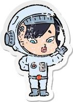 distressed sticker of a cartoon astronaut woman vector