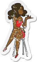 retro distressed sticker of a cartoon woman sitting on bar stool vector