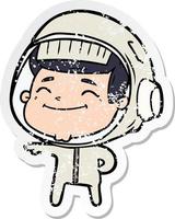 distressed sticker of a happy cartoon astronaut vector