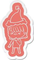 cartoon  sticker of a girl regretting a mistake wearing santa hat vector