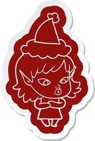 pretty cartoon  sticker of a elf girl wearing santa hat vector