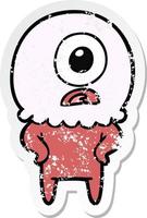 distressed sticker of a cartoon cyclops alien spaceman vector