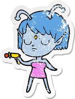 distressed sticker of a cartoon alien girl vector