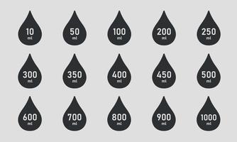 Measure of volume silhouette icon set. A drop of liquid with a value between 10 and 1000 milliliters. Water Capacity symbols. Scale for liquid or ingredient. Vector illustration