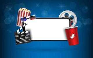 Blank smartphone with popcorn, film strip, clapperboard on blue background, online streaming movie concept, vector iluustration
