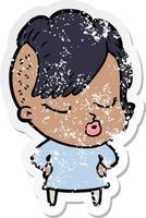 distressed sticker of a cartoon pretty hipster girl vector