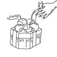 caja de regalo de apertura manual con cinta en estilo de garabato dibujado a mano. ilustración vectorial aislado sobre fondo blanco. vector