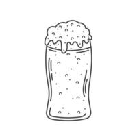 Glass of beer with foam in hand drawn doodle style. Isolated vector illustration. Cold drink for hot day. May be used for pub.