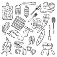 Barbecue grill collection in hand drawn doodle style. BBQ set. Vector Illustration. Barbecue party elements.