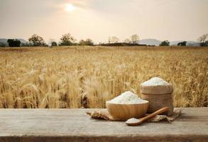 arroz jazmín en tazón y saco de arpillera sobre mesa de madera con el fondo del campo de arroz dorado foto