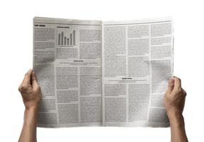 Hands holding the Business Newspaper isolated on white background, Daily Newspaper mock-up concept photo