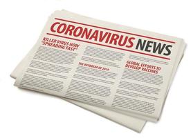 maqueta del periódico coronavirus, noticias relacionadas con el covid-19 con el titular en el concepto de producción de prensa en papel fondo blanco aislado