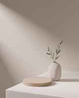 Wooden round corner pedestal podium with vase, Product display podium in room, 3d rendering studio with geometric shapes, Cosmetic product minimal scene with platform, Stand to show product photo