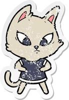 distressed sticker of a confused cartoon cat in clothes vector