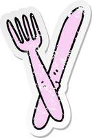 distressed sticker of a quirky hand drawn cartoon cutlery vector