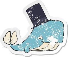 pegatina retro angustiada de una caricatura de ballena con sombrero de copa vector