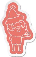man with beard sticking out tongue wearing santa hat vector