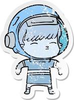 distressed sticker of a cartoon curious astronaut vector