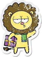 distressed sticker of a cartoon tired lion with gift vector