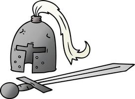 gradient cartoon doodle of a medieval helmet and sword vector