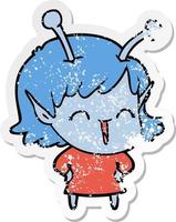 distressed sticker of a cartoon happy alien girl vector