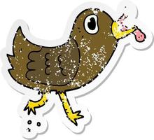 distressed sticker of a cartoon bird with worm vector