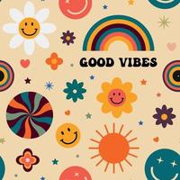 Groovy funky pattern with smiles. flowers and good vibes vector