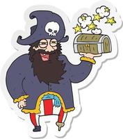 sticker of a cartoon pirate captain with treasure chest vector