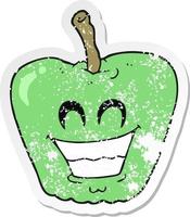 retro distressed sticker of a cartoon grinning apple vector