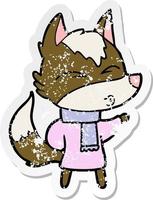 distressed sticker of a cartoon wolf in winter clothes vector