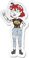 retro distressed sticker of a cartoon alien rock fan girl vector