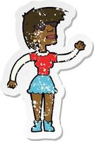 retro distressed sticker of a cartoon woman in spectacles waving vector