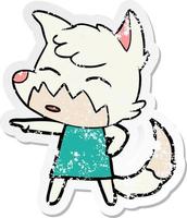 distressed sticker of a cartoon fox in dress pointing vector