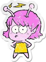 distressed sticker of a cartoon alien girl vector