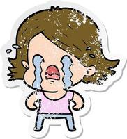 distressed sticker of a cartoon woman crying vector