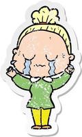 distressed sticker of a cartoon crying old lady vector