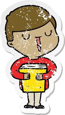 distressed sticker of a cartoon happy boy talking about his book