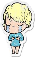 distressed sticker of a cartoon woman crying vector