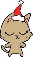 calm line drawing of a cat wearing santa hat vector