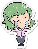 distressed sticker of a cartoon crying elf girl vector