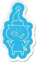 cartoon  sticker of a pig with no worries wearing santa hat vector