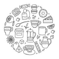 Hand drawn set of Tea time doodle icons. Teapots, cups, lemon and sweets in sketch style. Vector illustration isolated on white background