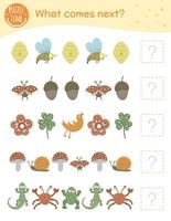 What comes next. Matching activity for preschool children with animals and insects. Funny woodland game for kids. Logical quiz worksheet. Continue the row. vector