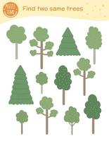 Find two same trees. Matching activity for children. Funny woodland game for kids. Logical quiz worksheet. vector