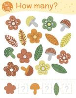 Counting game with flowers, leaves, mushrooms. Math activity for preschool children. How many objects worksheet. Educational riddle with cute funny pictures.