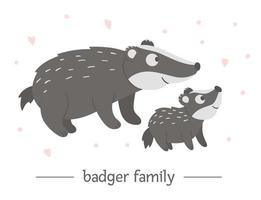 Vector hand drawn flat baby badger with parent. Funny woodland animal scene showing family love. Cute forest animalistic illustration for children design, print, stationery