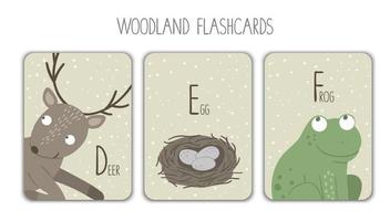 Colorful alphabet letters D, E, F. Phonics flashcard. Cute woodland themed ABC cards for teaching reading with funny bird, deer, eggs. vector