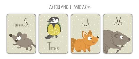 Colorful alphabet letters S, T, U, V. Phonics flashcard. Cute woodland themed ABC cards for teaching reading with funny mouse, titmouse, fox, beaver. vector