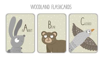 Colorful alphabet letters A, B, C. Phonics flashcard. Cute woodland themed ABC cards for teaching reading with funny rabbit, bear, cuckoo.